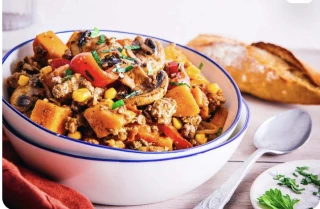 Recette - Poêlée de steack haché, patate douce et champignons